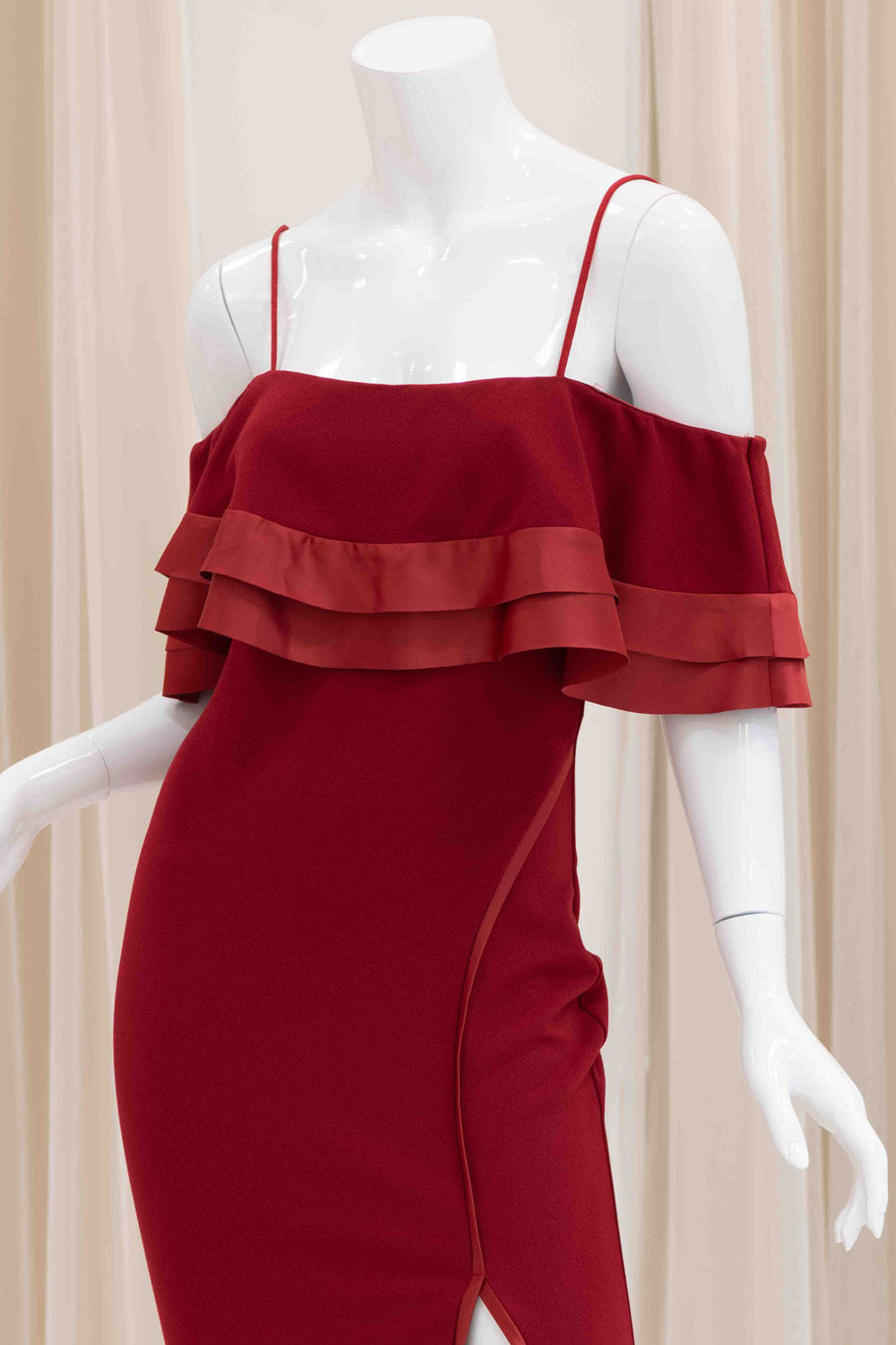 Evana Off Shoulder Evening Dress in Burgundy