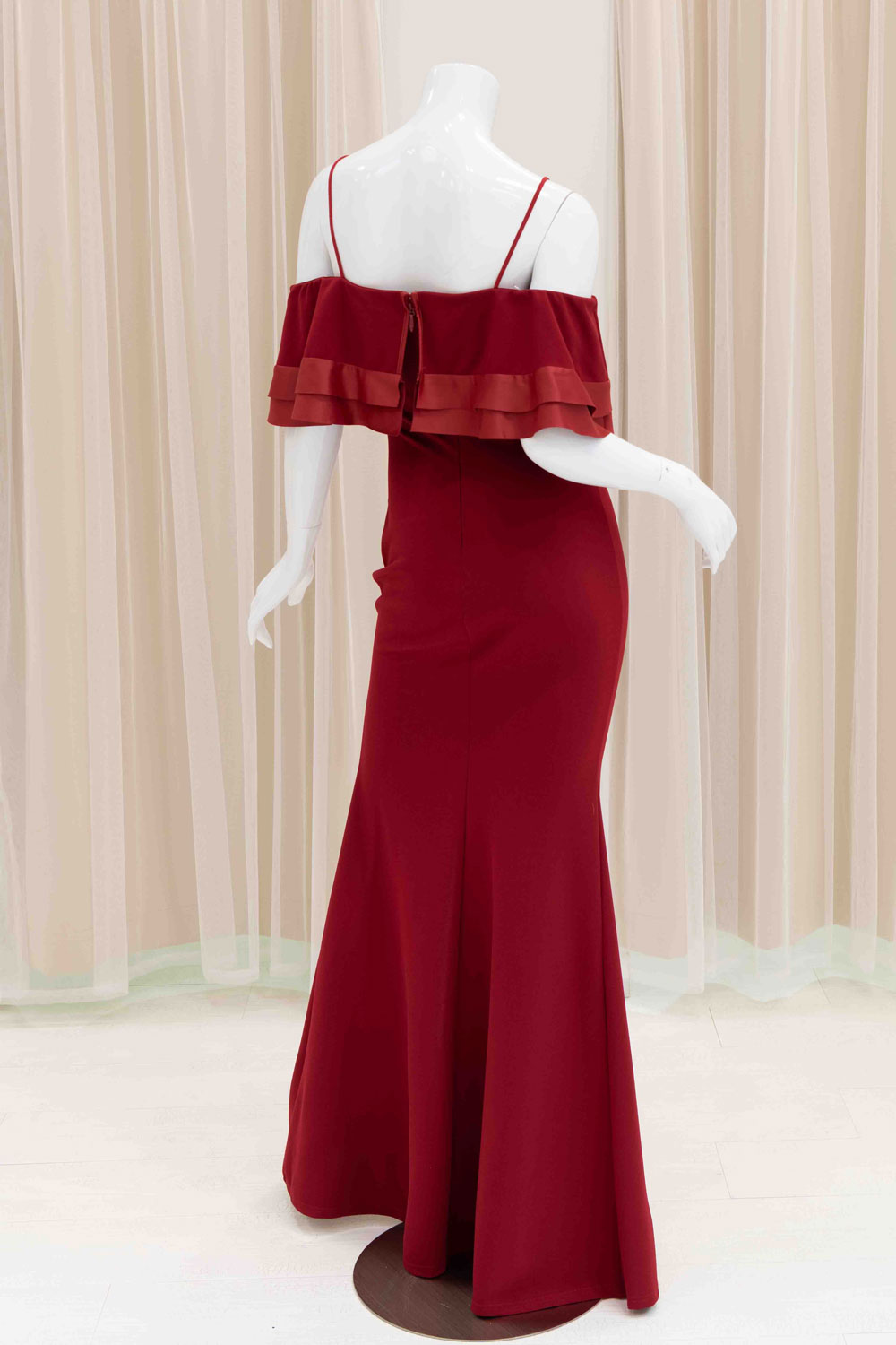 Evana Off Shoulder Evening Dress in Burgundy