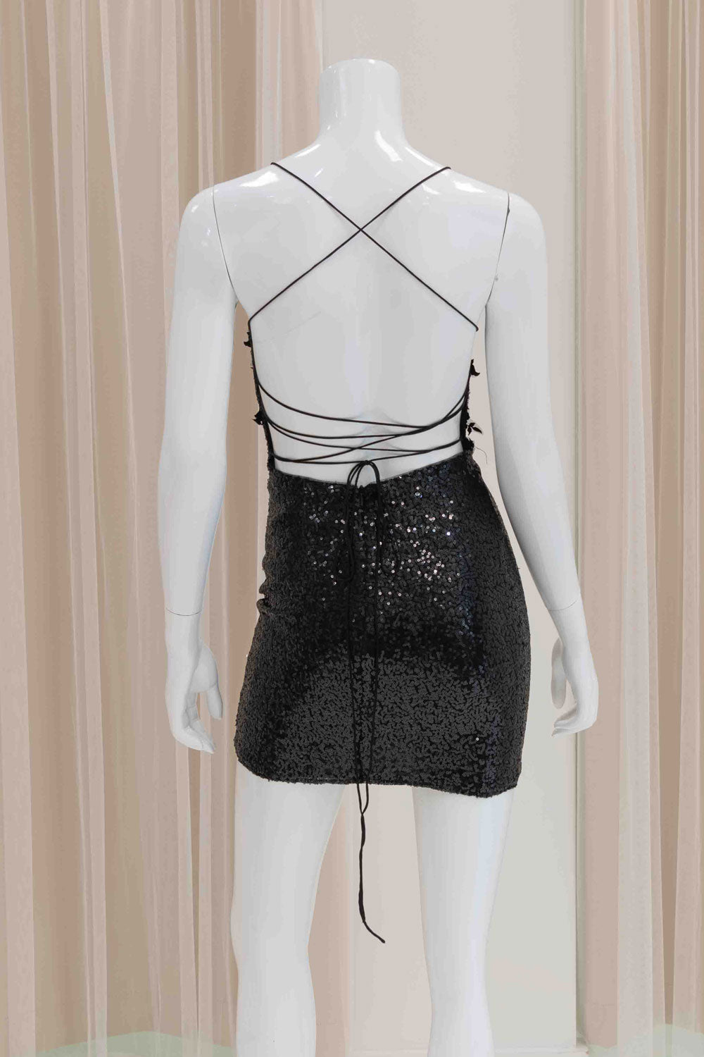 Florence Sequin Tie Back Mini Dress in Black