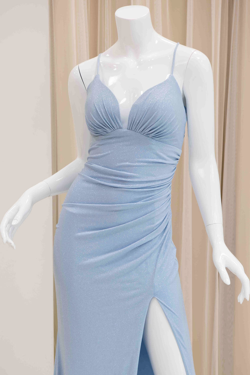 Geneva V-Neck Glitter Evening Dress in Light Blue