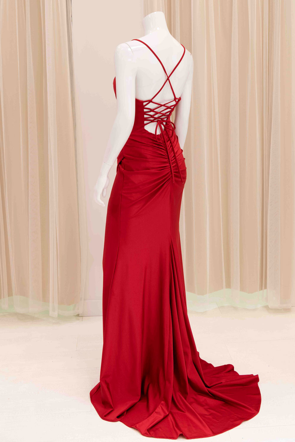 Jaida Satin Tie Back Evening Dress in Red