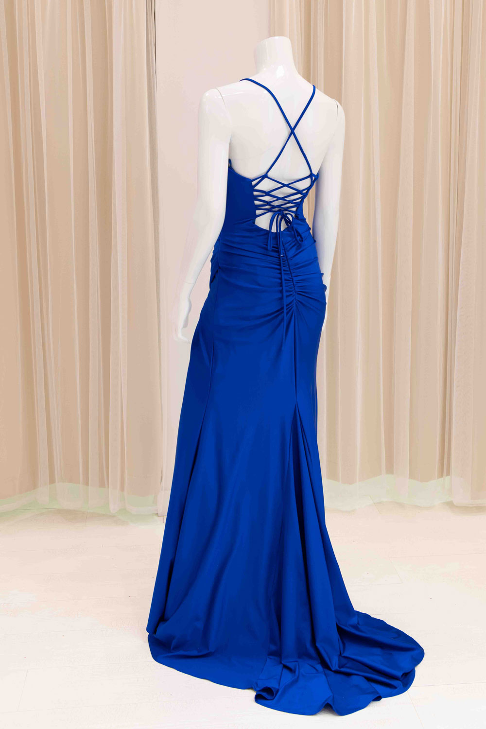 Jaida Satin Tie Back Evening Dress in Royal Blue