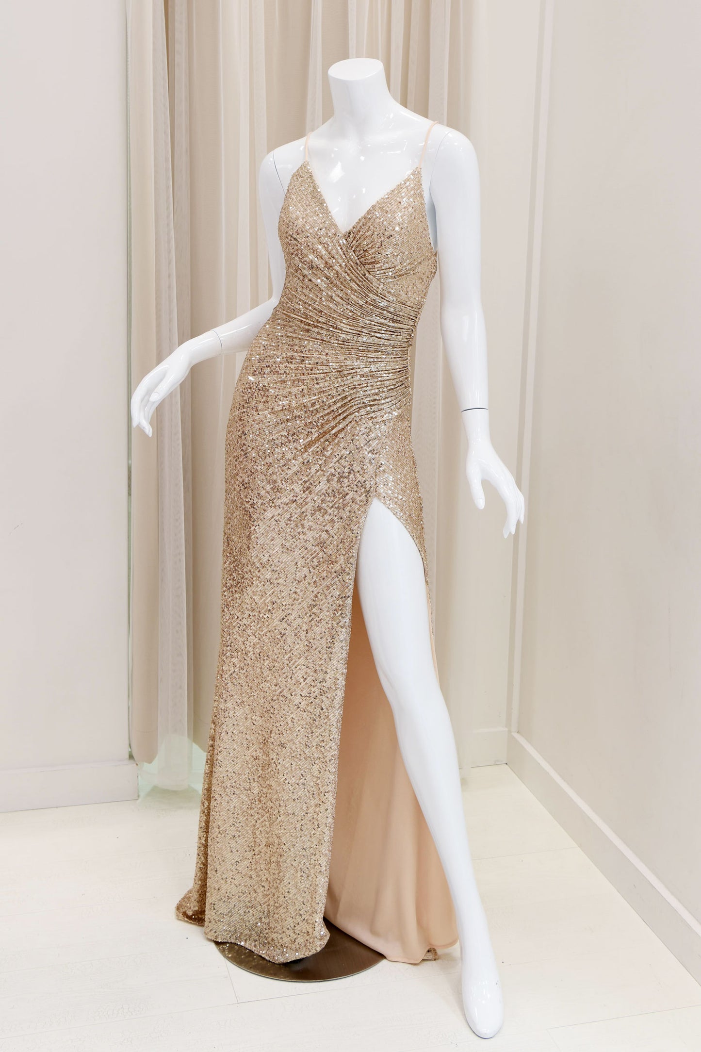 Jaida Sequin Tie Back Evening Dress in Gold