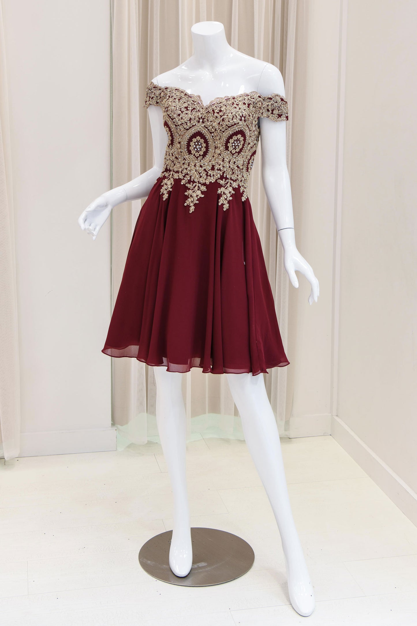 Micaela Off Shoulder Fit and Flare Dress in Burgundy