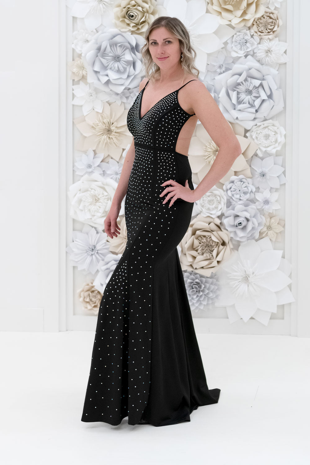 Teghan Studded Evening Dress in Black