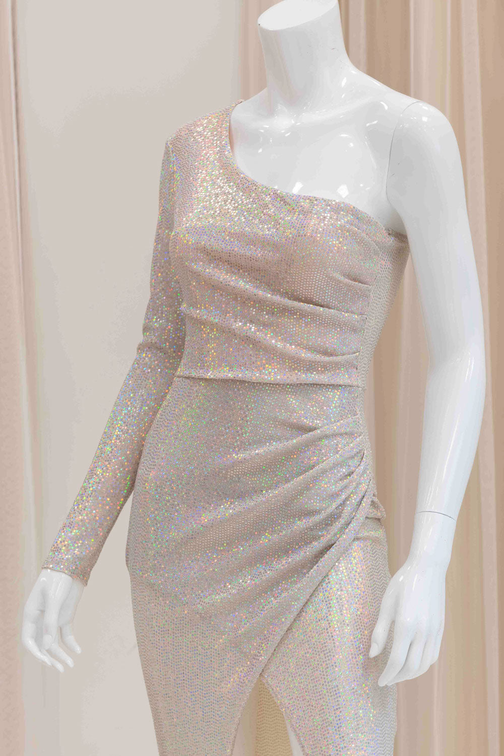 Surina One Shoulder Evening Gown in Iridescent White