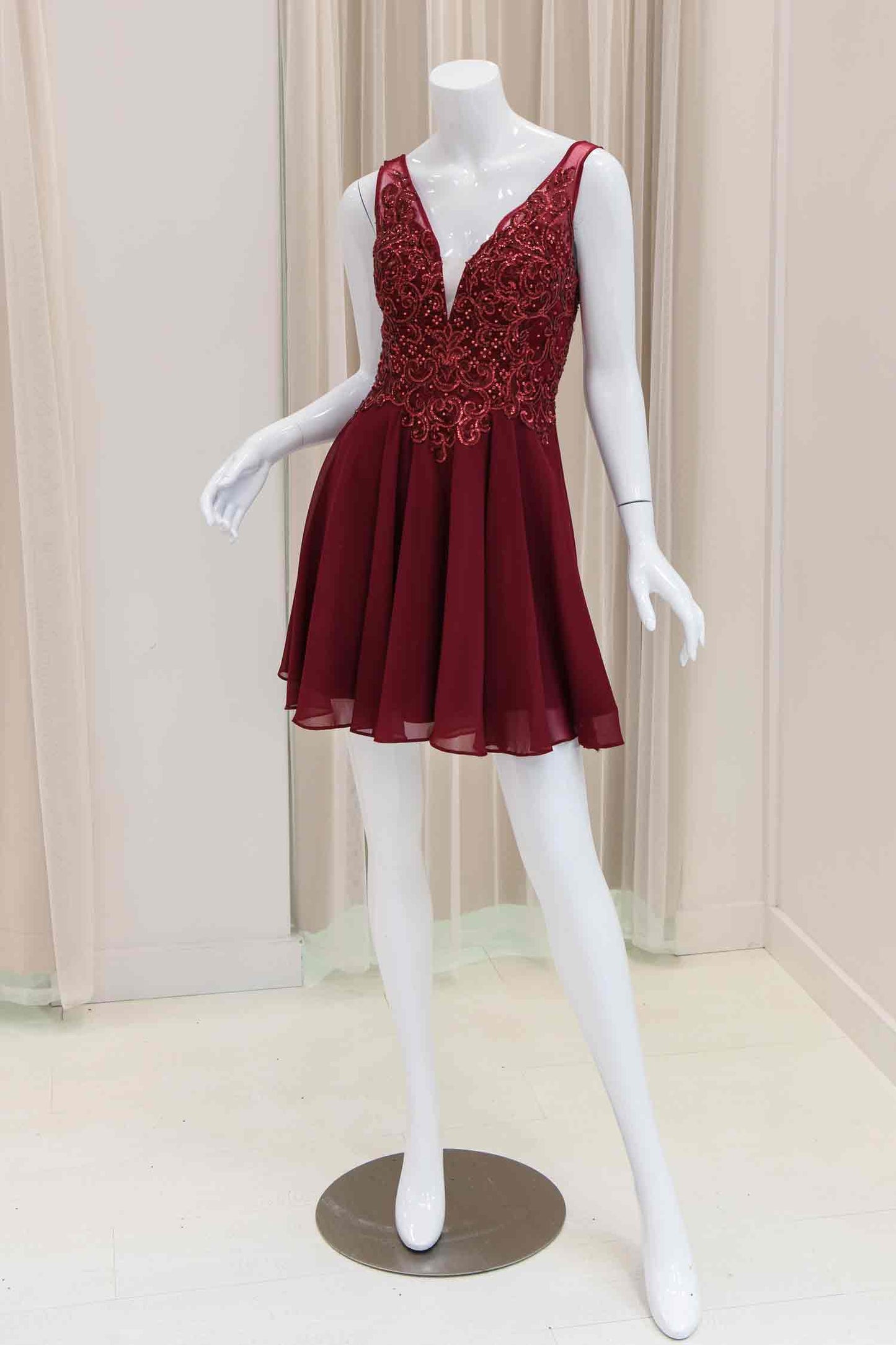 Vera Sequin Bodice Fit and Flare Dress in Burgundy