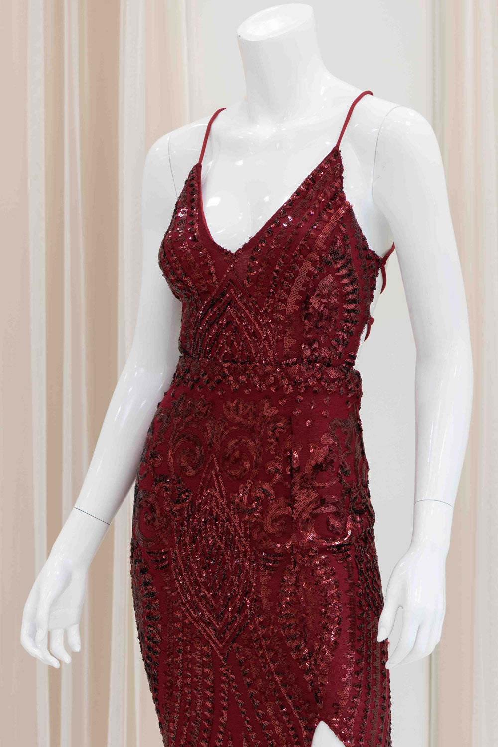 Eleni Sequin Evening Gown in Burgundy
