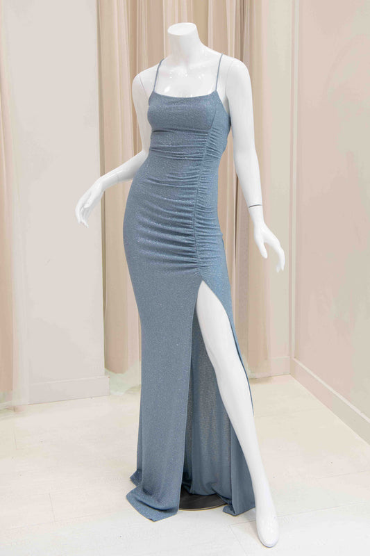 Gaia Glitter Tie Back Evening Dress in Light Blue