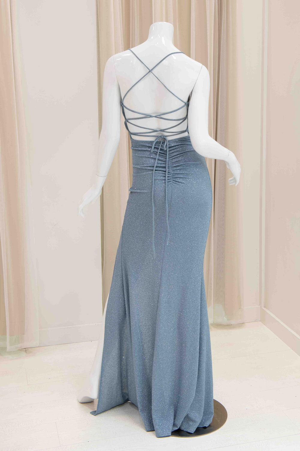 Gaia Glitter Tie Back Evening Dress in Light Blue